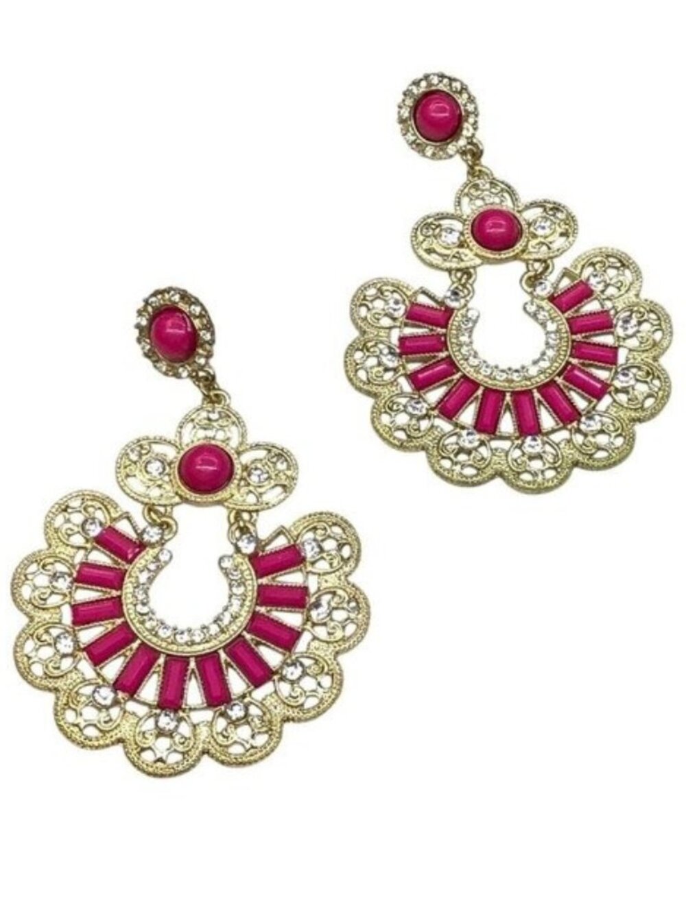 Gold Filigree and Pink Statement Dangle Earrings Versatile Style Womens
